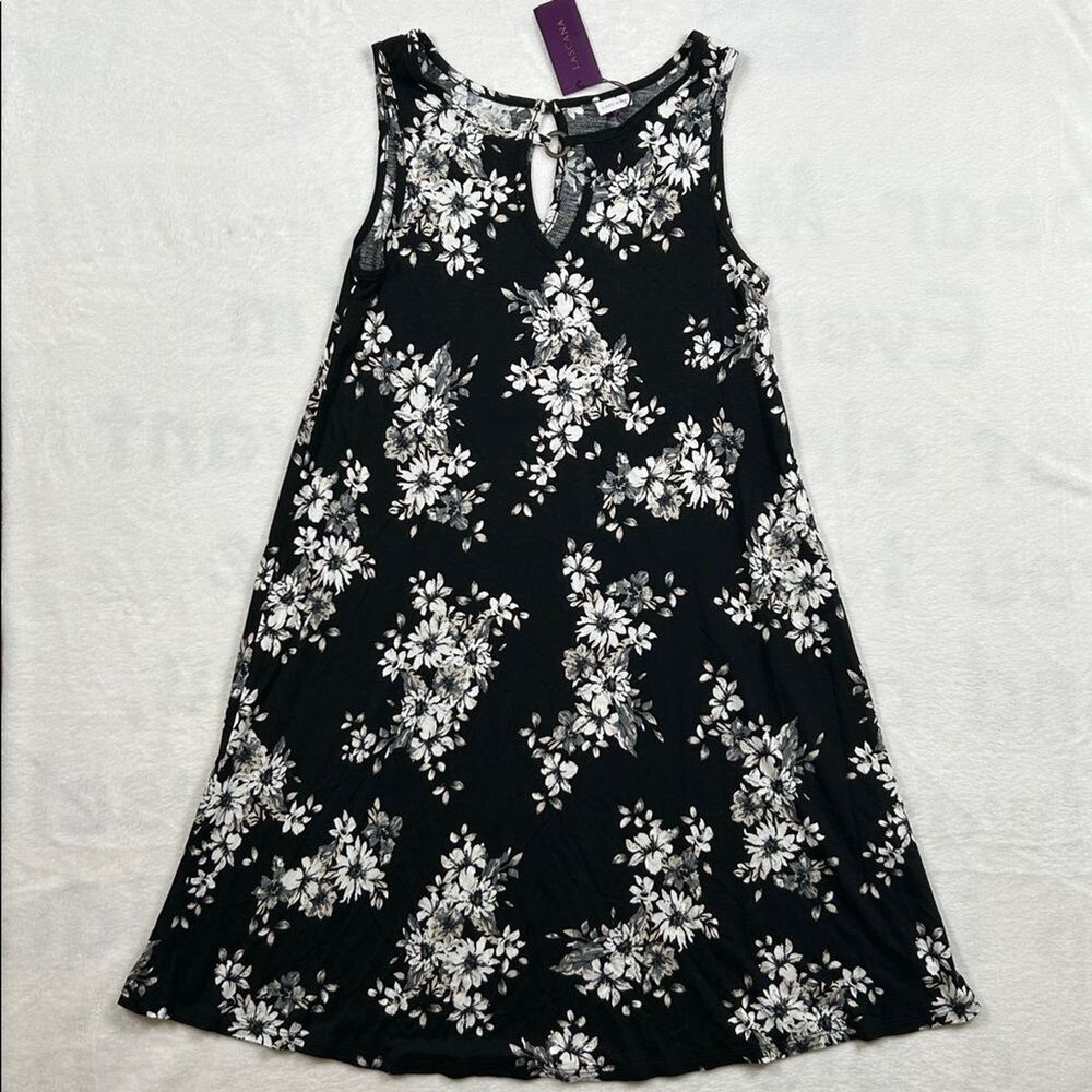 Lascana Dress Womens Size 4 Black Floral Tank O-Ring Neck Flowy Summer